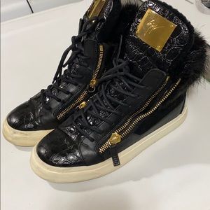 High-Top Women's Black Leather Sneakers with Gold Trim